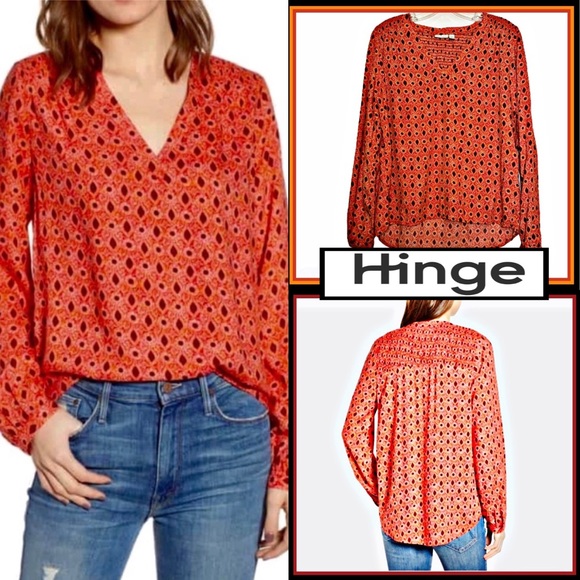hinge Tops - HINGE SMOCKED PAISLEY V-NECK HI-Lo BLOUSE M